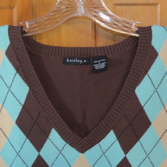bentley a. Women's Sweater Vest Brown/Tan/Teal 100% Cotton Size Large - Picture 2 of 7